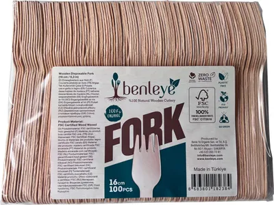 A package of wooden disposable forks with a label showing product details and branding.