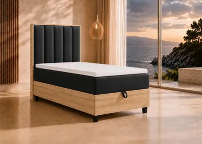 Produktbild von Trinity K-1 Single Bed 90x200 Black | Box Spring Bed with Storage | Bonnell Spring Core & Topper | Upholstered Bed with Headboard | Curbside Delivery