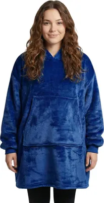 Produktbild von IamFlauschi Hoodie Decke mit Ärmeln, Kapuze und Kängurutasche - Mit flauschiger Sherpa Innenseite - Tragbare Flanell Decke zum Anziehen für Erwachsene & Jugendliche, Farbe:Navy-Blau, Größe:L/XL 95x95 cm