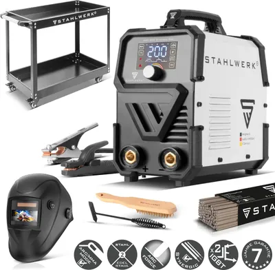Produktbild von STAHLWERK Elektroden-Schweißgerät ARC 200 Synergic Pro Digital – Vollausstattung mit Gerätewagen – MMA (E-Hand) bis 200A, Schweißen ohne Gas, Lift-TIG