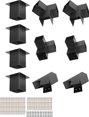 Image de Connecteur de poteau SucceBuy, angle de poteau pour poste avec dimensions intérieures de 92x92 mm, supports polyvalents à 3 et 4 voies avec socles et fixations de faîtage, idéal pour pergolas et pavillons, set de 14 pièces