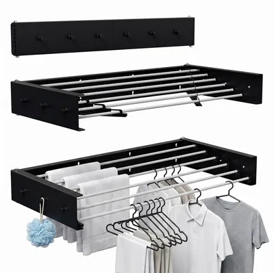 Image de Sèche-linge mural extensible et pliable, avec 6 barres et 6 crochets, gain de place pour une utilisation intérieure et extérieure, 100 cm, capacité de 30 kg, couleur noire