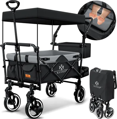 Produktbild von KESSER® Bollerwagen Faltbar GTS-9100 mit Dach Handwagen Transportwagen klappbar belastbar bis 150kg mit Hartgummi-Räder & Feststellbremsen Vorne & Hinten Inkl. Schloss, Abdeckung, Wetter & Sichtschutz