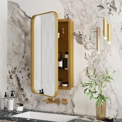 Produktbild von okwish Rechteckiger Spiegelschrank Wandschrank mit Metallrahmen und Spiegel,Einbauschrank mit verstellbaren Regalen und Stauraum,Gold