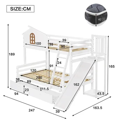 Produktbild von Etagenbett - Familienbett - Mit Rutsche - Spielhaus-Design mit Fenstern - Treppe mit 4 Stufen - 2 Schubladen - Holzrahmen - 120x200 cm