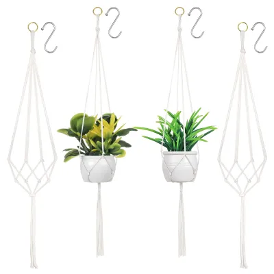 Produktbild von Set mit 4 Makramee-Pflanzenampeln, Hängeampeln aus Baumwollseil mit 4 Metallhaken für den Innen- und Außenbereich, zur Dekoration von Decken, Balkonen und Wänden (2 Größen)