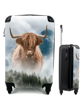Produktbild von MuchoWow® Koffer Handgepäck Trolley Rollkoffer Kleine Reisekoffer mit 4 Rollen - Schottischer Highlander - Nebel - Wald - Cabin Size < 55x40x23 cm & 55x40x20 cm - Fotokoffer - Kabinenkoffer - Boardgepäck - Reise-Box - Reisekoffer - Reisegepäck - Koffer mit Bild - Trolley für Kinder