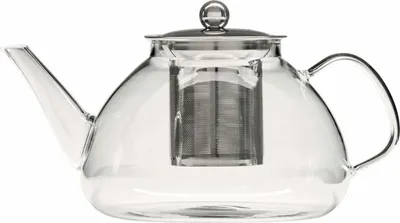 A clear glass teapot with a silver infuser and lid, presented on a white background.