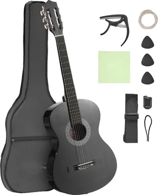 Zdjęcie produktu dla Gitara koncertowa – zestaw startowy do gitary klasycznej – rozmiar 96 cm – struny nylonowe – korpus z drewna lipowego – z pokrowcem, paskiem, stroikiem, strunami, kostkami, kapodastrem – dla początkujących – czarna