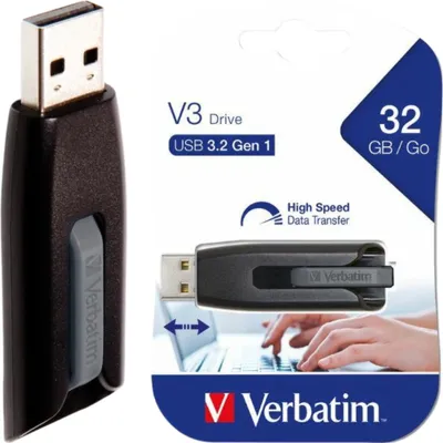 Zdjęcie produktu dla Verbatim V3, 32 GB, USB Typu-A, 3.2 Gen 1 (3.1 Gen 1), 80 MB/s, Łożysko tulejowe, Czarny, Szary