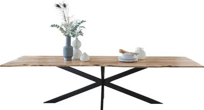 Produktbild von Baumkantentisch 280 x 100 cm Kalea, Akazienholz naturfarben & massiv, Esstisch mit schwarzem Spider-Metallgestell, Tischplatte 26 mm, Esszimmertisch, Industrial-Design