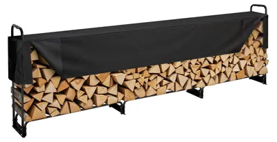 Produktbild von VEVOR Holzlagerregal, 6 Fuß Holzregal für den Außenbereich, schwarzes Holzregal, Stahl Holzregal für den Außenbereich, Holzlager mit einer Tragfähigkeit von 1300 lbs, Holzregal mit Abdeckung und Kaminwerkzeugset, 386 x 36 x 117 cm
