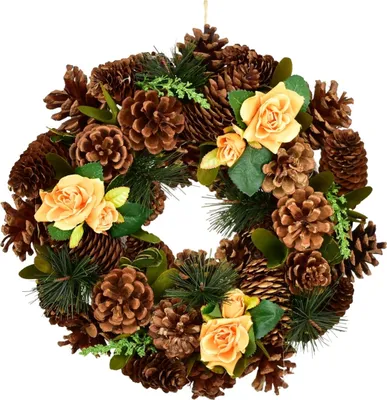 Image de Couronne de pommes de pin avec roses jaunes Ø30 cm