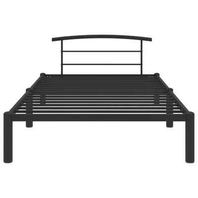 A black metal bed frame is shown against a white background.
