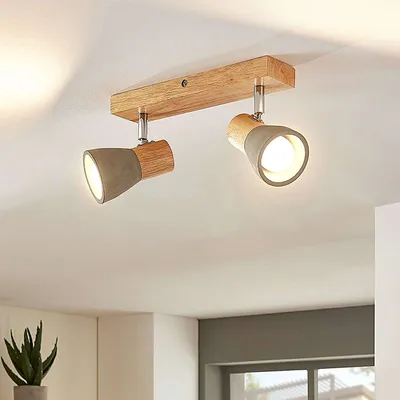 Produktbild von Lindby - Landhaus I Vintage I Rustikal Landelijke plafondlamp hout met beton 2-flammig-lichts incl. LED - Filiz I Wohnzimmer I Schlafzimmer - Holz Länglich - LED geeignet E14