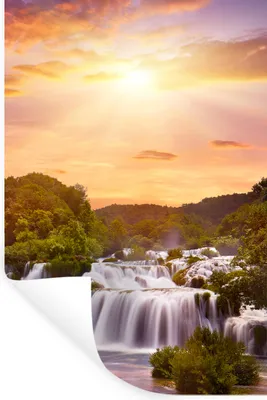 Produktbild von MuchoWow® Wandtattoo Wandsticker Wandaufkleber Wasserfall - Landschaft - Sonne - Wolken - Sonnenuntergang 60x90 cm Selbstklebend und Repositionierbar - Sticker - Dekorfolie