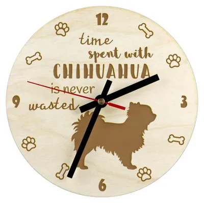 Image de Chihuahua à poil long - horloge avec chien, horloge en bois gravée, horloge personnalisée Art-Dog