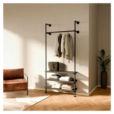 Produktbild von Kleiderstange zur Wandmontage mit einer Traglast von 180 kg - offener Kleiderschrank im industriellen Stil aus schwarzem Metall mit robusten Metallböden