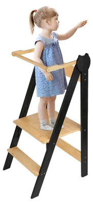 Zdjęcie produktu dla Wieża edukacyjna Montessori – pomoc kuchenna dla dzieci – regulowana wysokość – bambus – kompaktowe wymiary – od 1. roku życia – czarna