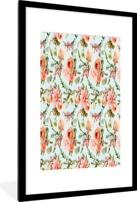 Produktbild von MuchoWow® MuchoWow® Gerahmtes Poster Blumen - Muster - Rosen 60x90 cm - Poster mit zchwarzem Bilderrahmen - Dekoration - Wandposter Wohnzimmer - Hochwertig
