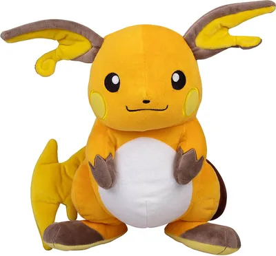 A plush toy of the Pokemon character Raichu is shown against a white background.