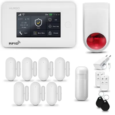 Image de Système d'alarme HUXGO HXA006 pour la maison, avec connexion WiFi et GSM 4G, incluant une sirène sans fil, un détecteur de mouvement et 7 détecteurs de porte/fenêtre, compatible avec l'application Tuya Smartlife