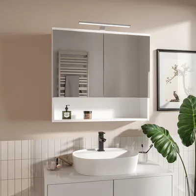 Obrázek produktu pro HAJDUK FURNITURE Zrcadlová Koupelnová Skříňka Bílá 80x65 cm s LED Osvětlením IP44 4000K 2 Dveře Polička Bezúchytkové Otevírání