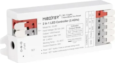 Produktbild von MiBoxer E2-RF 2-in-1 LED Controller – einfarbig und CCT, 2,4 GHz, 12–24 V, 12 A, Push Dimming