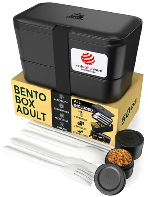 Bento-Lunchbox XL 1500 ml, 4 Fächer, mit Besteck, schwarz