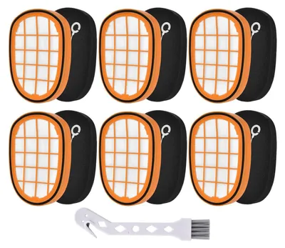 A set of six replacement filters for a vacuum cleaner, along with a small cleaning brush.