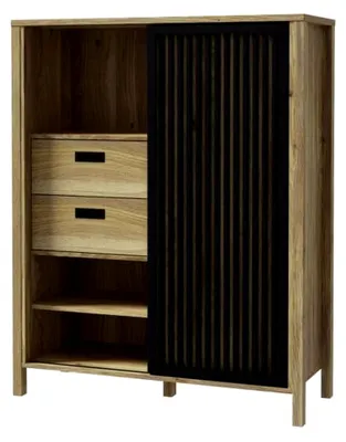 Produktbild von Highboard mit 1 Tür und 2 Schubladen in Eiche/Mauvella-Schwarz