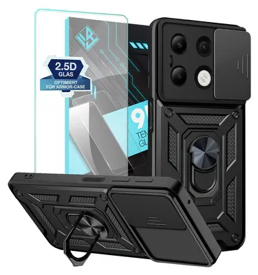 A black phone case with a built-in ring holder and a sliding camera cover, alongside a screen protector, is displayed against a white background.