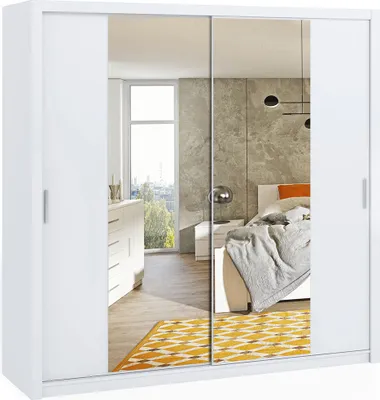 A white sliding door wardrobe with mirrored doors reflecting a bedroom interior.