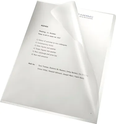 Produktbild von Aktenhülle, A4, PP, 110my, klar genarbt, oben und rechts offen