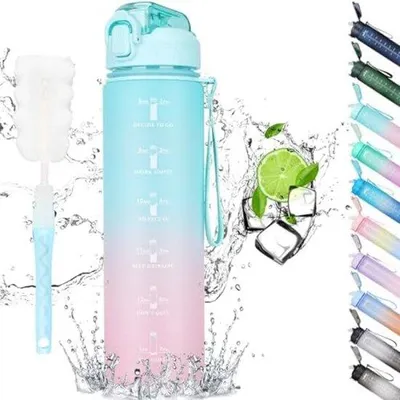 Produktbild von Sportwaterfles 1L mit Zeitmarkierungen - Lekfreie BPA-freie Wasserflasche für Fitness, Büro und Outdoor-Aktivitäten - Mintgrün Rosa