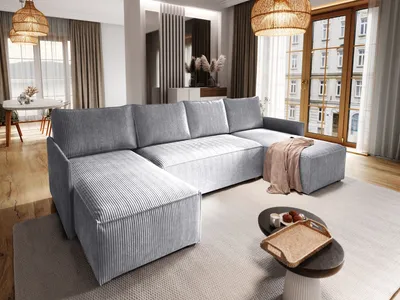 Produktbild von Masseno Ecksofa TRES mit Schlaffunktion U-Form, Sofa mit Bettkasten, Wohnzimmersofa, Couch, Soffa, Bettsofa, Couchgarnitur- Hellgrau, POSO 55