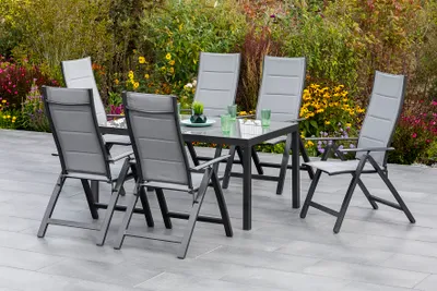 Obrázek produktu pro Zahradní nábytek Merxx "Florence" 7ks se stolem 150 x 90 cm - hliníkový rám grafitový s textilním potahem šedý