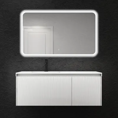 Produktbild von doporro Waschbeckenunterschrank Badmöbel Set Waschtisch mit Unterschrank Wandmontage in weiß, BTH: 120x50x46cm, inkl. Mineralguss-Waschbecken und LED-Spiegel Santa