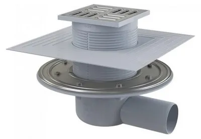 Produktbild von AlcaDrain Bodenablauf 105×105/50 mm mit einem waagrechten Abgang, Edelstahl Rost, Edelstahl-Dichtungflansch und Manschette-2. Abdichtung, Kombi-Geruchsverschluss SMART