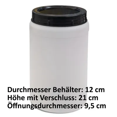 A white cylindrical container with a black screw-on lid, shown against a white background. Text below the container provides its dimensions.