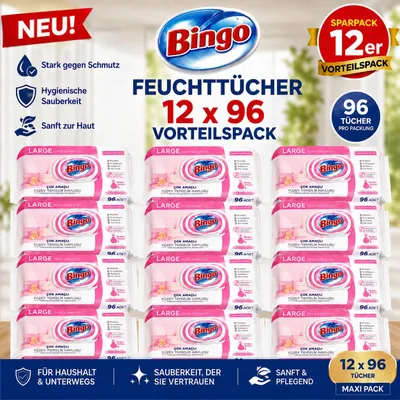 Zdjęcie produktu dla Bingo Feuchttücher Pink 12x96 Blatt – Blumenduft – Großpackung