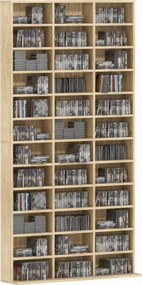 Image de HOMCOM Rangements pour CD et DVD, étagère rangement, capacité max. 1116 CD/528 DVD, 36 compartiments et étagères réglables, pour bureau, salon, chambre, 102 x 23,5 x 195 cm, chêne