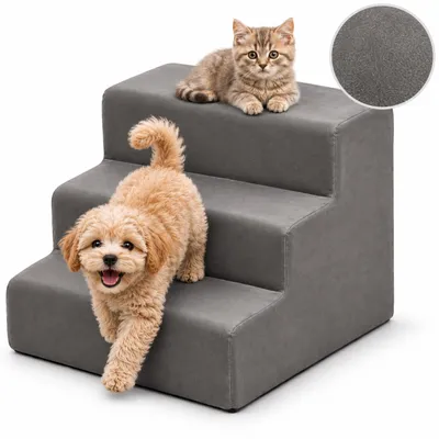 Produktbild von Haustiertreppe für Hund und Katze Velumari 3 Stufen Samt rutschfest 46 × 31 × 30 cm grau