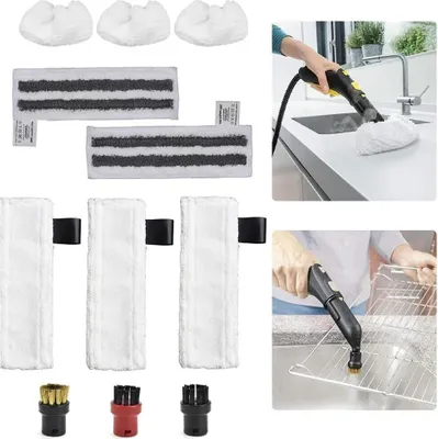 Produktbild von 11 Stück Zubehör Kompatibel mit Kärcher Dampfreiniger Easyfix SC2 SC3 SC4 SC5 (3 Mikrofaser Tücher für Bodendüse + 3 Wischtücher für Handdüse + 2 Schleiflappen + 3 Rundbürsten Ersatzteile)
