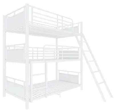 Obrázok produktu pre Detská poschodová posteľ z kovu a dreva - 3-poschodová posteľ - 90 x 200 cm - S úložným priestorom - Možnosť premeny - Dve schodíky s bezpečnostnými zábranami - Biela farba