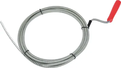 A coiled drain snake with a red handle against a white background.