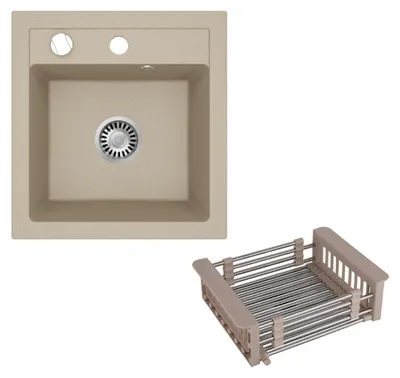 Produktbild von [Granitspüle 48x50 +Spülkorb] Hochwertige Eckige Granit Spülbecken f. Unterschränke ab 45 cm inkl.Siphon Set, Farbe:Beige