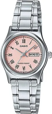 A close-up studio shot of a women's Casio watch with a pink dial and silver metal band.