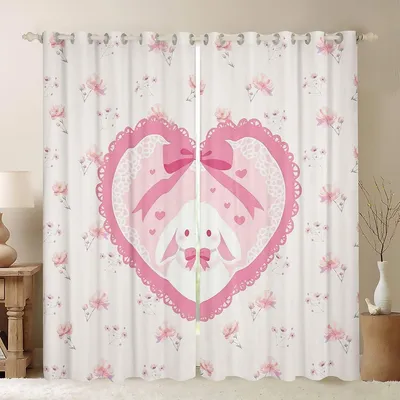 Productafbeelding van Konijnen Gordijnen - Roze Strik Gordijnen - Kinderkamer Decoratie - 30-50% Verduisterend - 2x W46 x L72 inch - Roze Wit