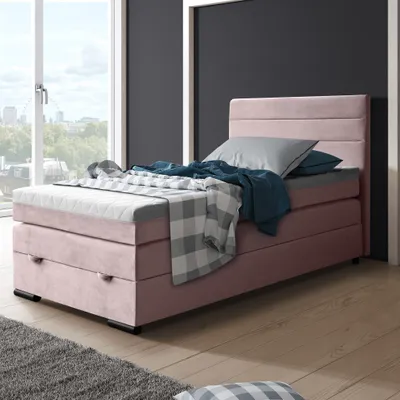 Produktbild von Boxspringbett Tulia 120 x 200 cm Einzelbett mit Topper Bett mit Taschenmatratze und Federkernmatratze Bettkasten, Stoff: mono 232 - Rosa
